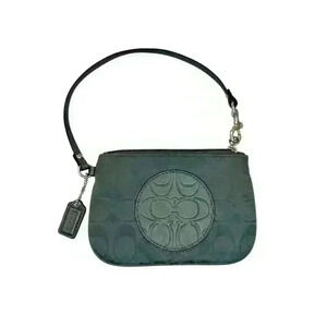 Coach Women's Gray Signature Wristlet with Medallion Accent